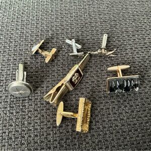 Men's Assorted Metal Cufflinks and Tie Clip Set - Gold & Silver